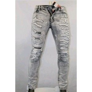 Smoke Rise Essentials Distressed Slim Tapered Fit Men's Denim Jeans - Grey New.